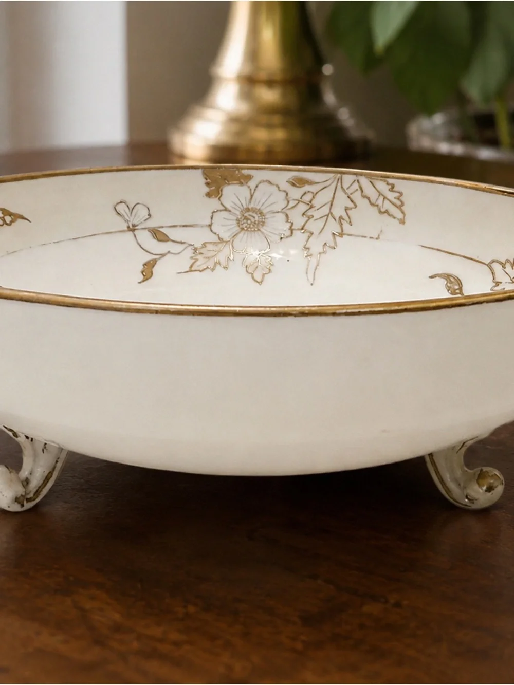 Vintage Thailand Porcelain Footed Bowl Gold Floral Hand Painted 8”